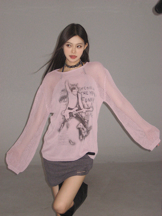 Antmvs Jaine Solid Color Graphic Image Print Vintage Knit Long Sleeve Top