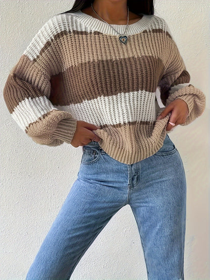 Antmvs Color Block Crew Neck Pullover Sweater, Casual Lantern Sleeve Loose Sweater, Women's Clothing