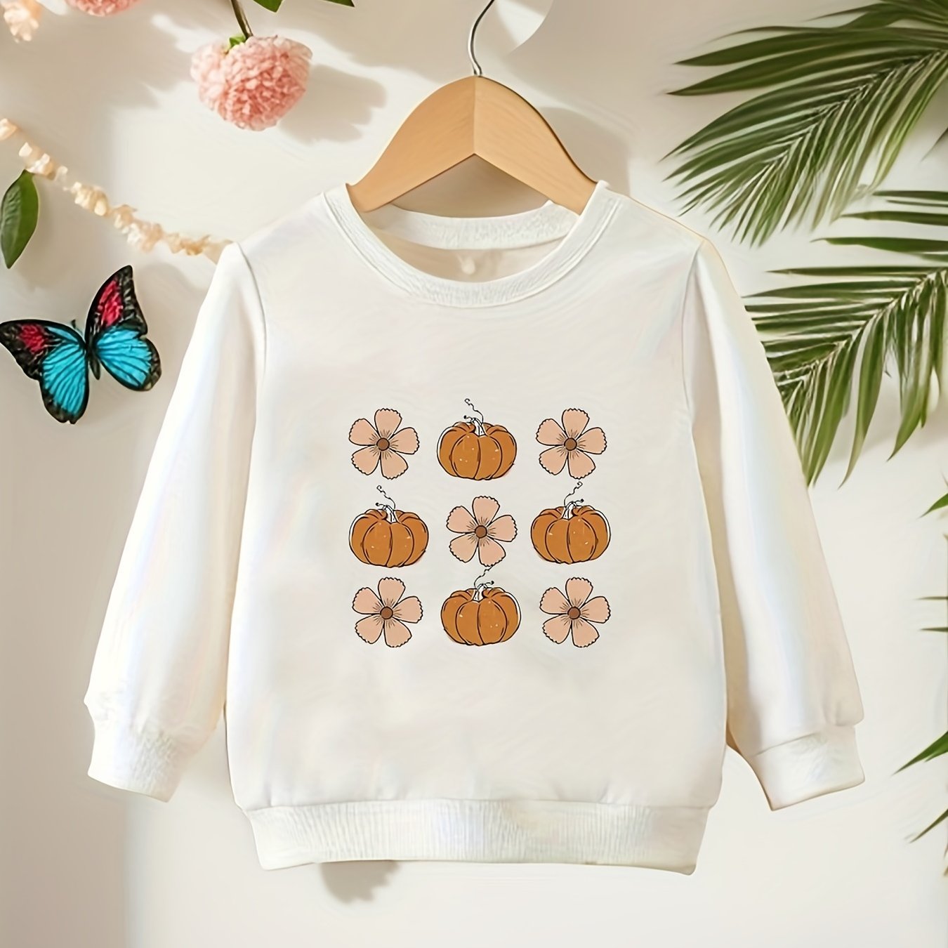 Vibrant Floral and Pumpkin Graphic Toddler Crew Neck Sweatshirt - Soft, Casual, and Comfy Holiday Party Top for Little Girls - Perfect Gift for Kids' Special Occasions