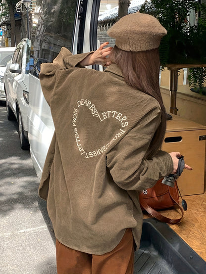 Antmvs Letter Embroidered Button Front Shirt, Casual Long Sleeve Corduroy Outwear For Spring & Fall, Women's Clothing