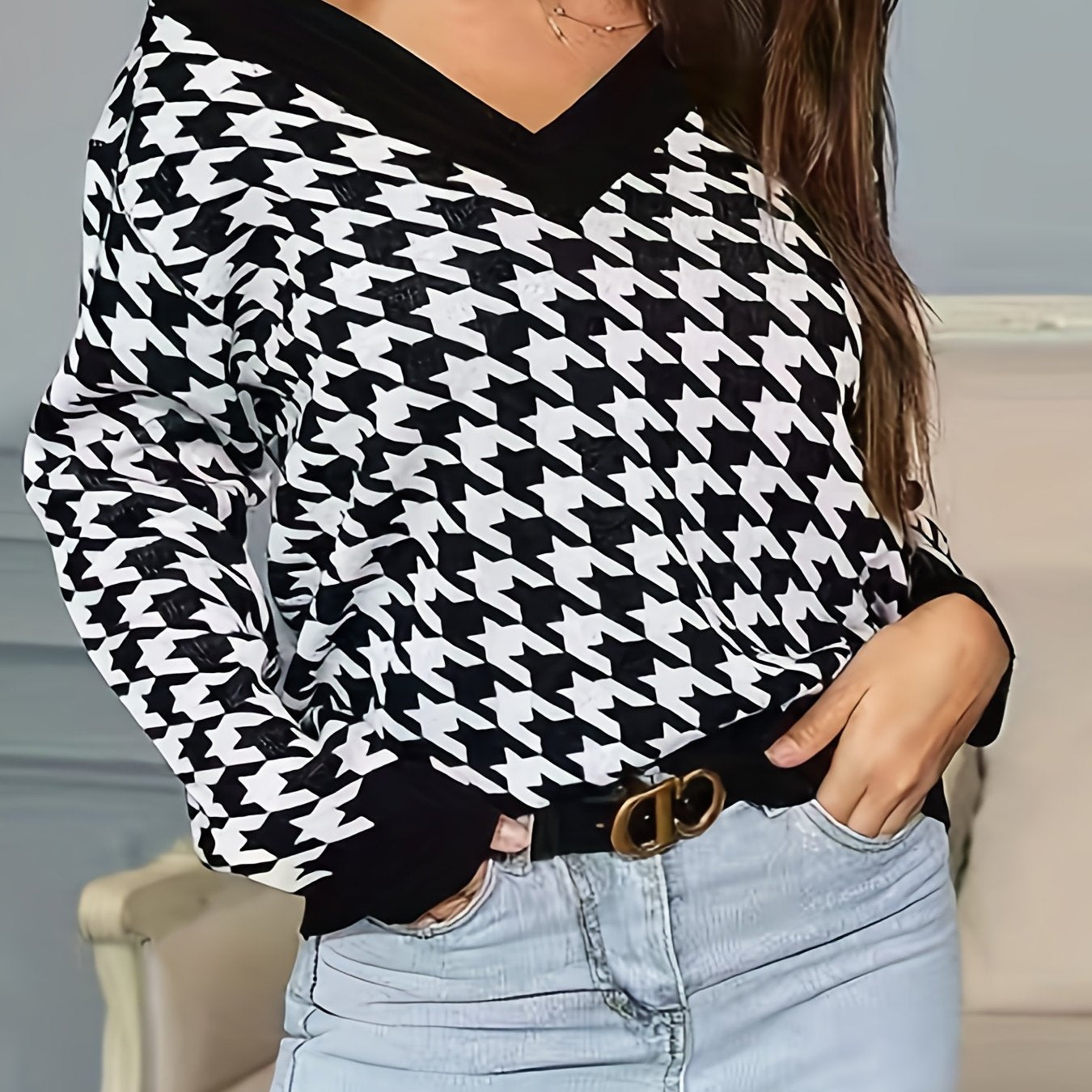 Antmvs Plus Size Casual Sweater, Women's Plus Houndstooth Print Long Sleeve V Neck Jumper