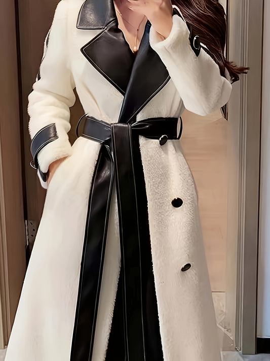 Antmvs Color Block Lapel Collar Belted Coat, Elegant Long Sleeve Plush Warm Outerwear, Women's Clothing