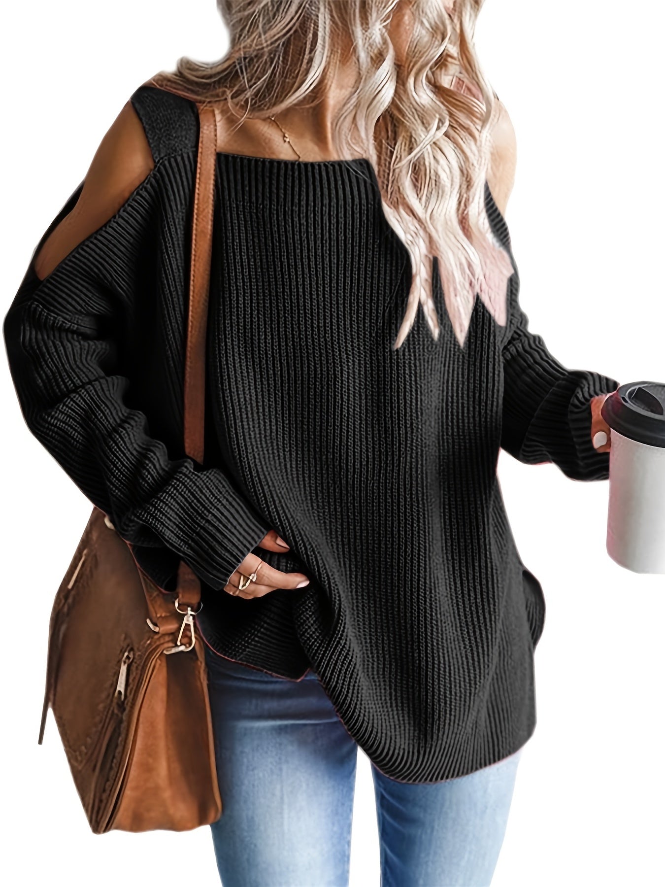 Antmvs Cold Shoulder Oversized Sweater, Casual Long Sleeve Sweater For Fall & Winter, Women's Clothing