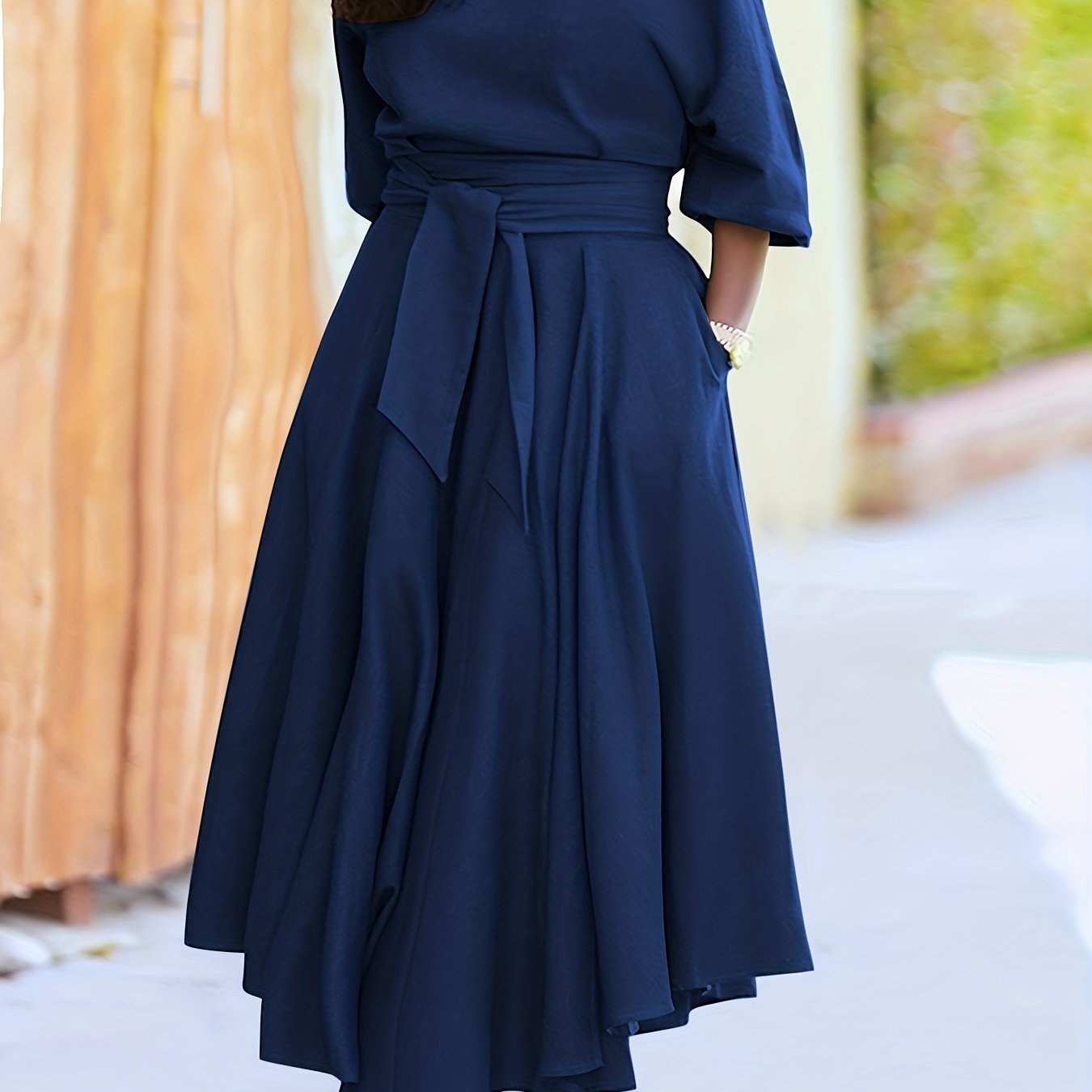 Antmvs Plus Size Casual Dress, Women's Plus Solid Bubble Sleeve One Shoulder Maxi A-line Dress With Belt