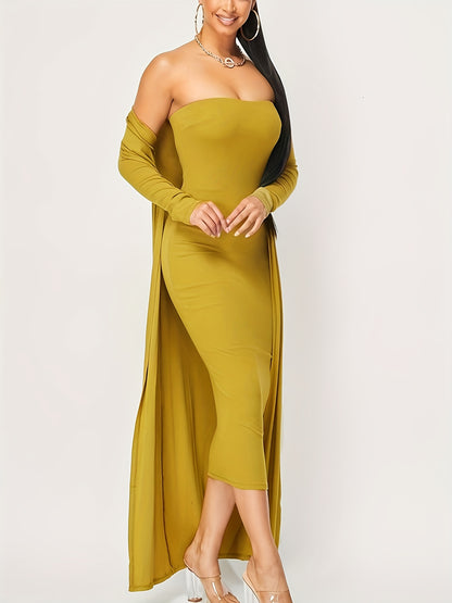Antmvs Solid Elegant Two-piece Dress Set, Bodycon Tube Dress & Long Sleeve Open Front Coverup Outfits, Women's Clothing