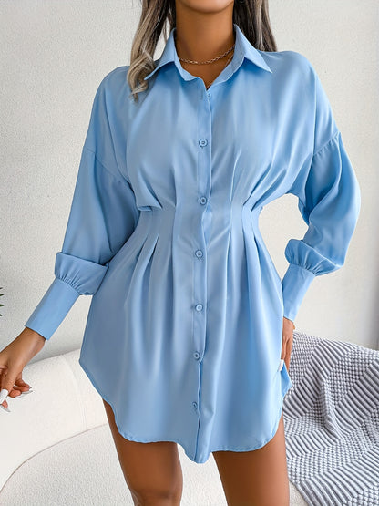 Antmvs Long Sleeve Mini Shirt Dress, Button Up Casual Dress For Fall & Spring, Women's Clothing