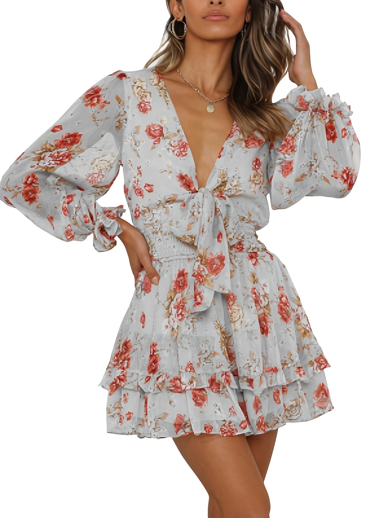 Antmvs Floral Print Layered Hem Dress, Elegant V-neck Shirred Waist Dress, Women's Clothing