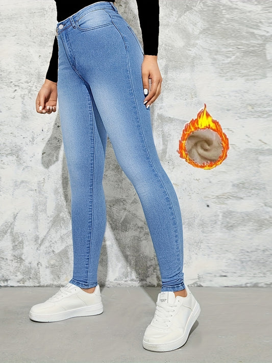 Antmvs Slim Fit Casual Skinny Jeans, Fleece Liner High Stretch Keep Warm Tight Jeans, Women's Denim Jeans & Clothing