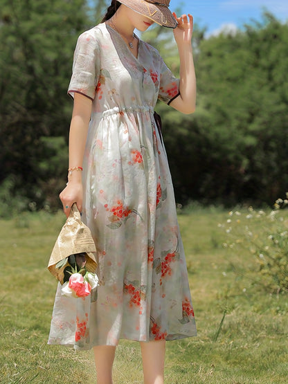 Antmvs Floral Print Drawstring Dress, Elegant V Neck Short Sleeve Midi Dress, Women's Clothing