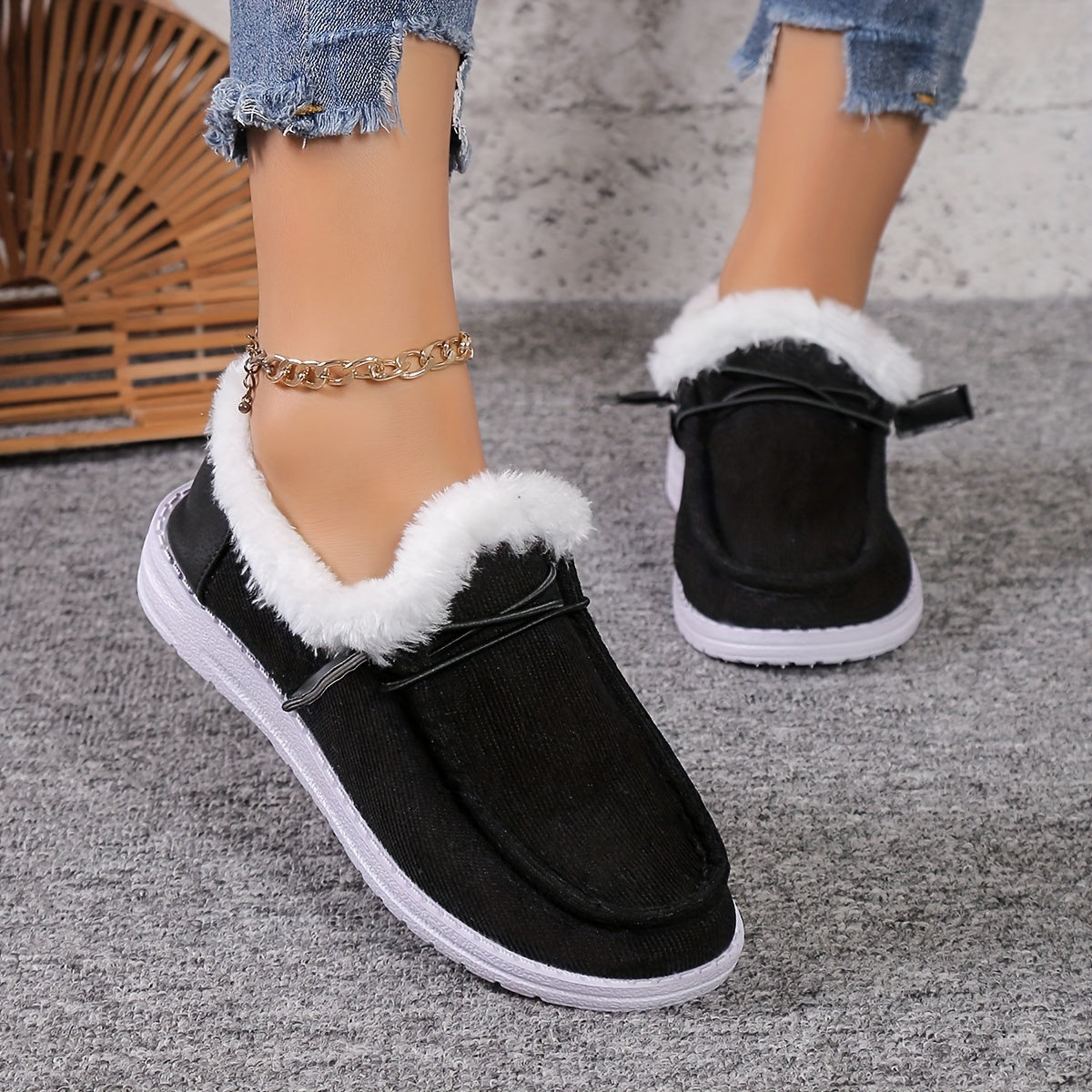 Women's Splicing Fluffy Loafers, Winter Warm Round Toe Slip On Flat Shoes, Cozy Low Top Snow Boots