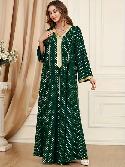 Antmvs Pin Dot Maxi Kaftan Dress, Elegant V Neck Long Sleeve Dress, Women's Clothing