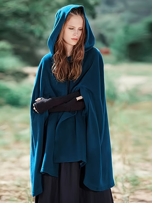 Antmvs Plus Size Elegant Coat, Women's Plus Solid Split Cape Sleeve Button Detail Hooded Shawl Coat