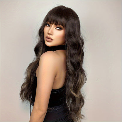 26 Inch Long, Curly Body Wave Brown Black and Light Brown Highlight Wig with Bangs for Women - Elegant, 150% Density, Rose Net Cap, Daily Wear - HAIRCUBE Brand