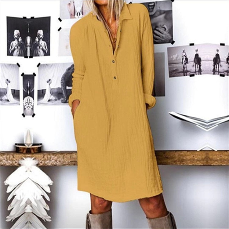 ANTMVS Wish New Spring, Summer, Autumn European and American Women's Clothing  EBay Women's Solid Color Cotton Linen Long Sleeve Dress