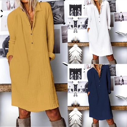 ANTMVS Wish New Spring, Summer, Autumn European and American Women's Clothing  EBay Women's Solid Color Cotton Linen Long Sleeve Dress