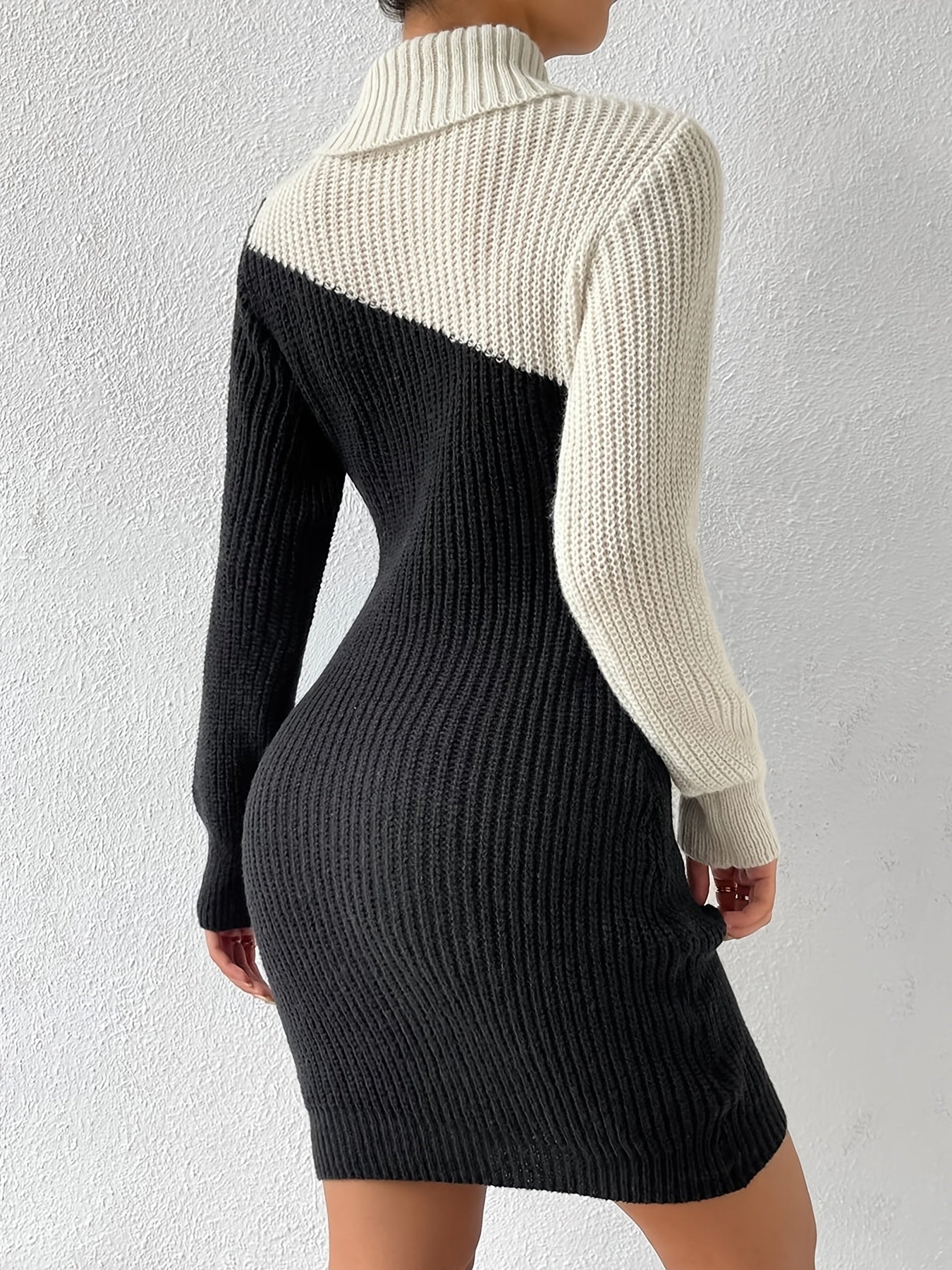 Antmvs Colorblock Turtleneck Knit Dress, Elegant Long Sleeve Dress (without Belt), Women's Clothing