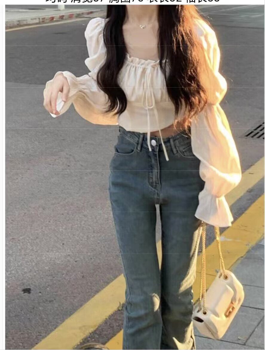 Antmvs Lia Solid Color White Chiffon Drawstring Long Puffed Sleeve Ruched Cropped Top