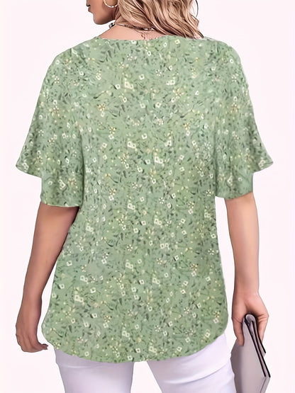 Plus Size Elegant Floral Print V Neck Blouse - Soft Non-Stretch Polyester Fabric, Casual Short Sleeve, Perfect for Spring & Summer - Womens Plus Size Clothing for All Seasons