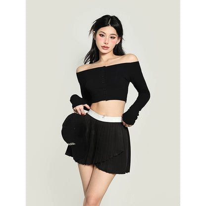 Antmvs Kiara Solid Color One-shoulder Long-sleeved Off the Shoulder Slim Cropped Top