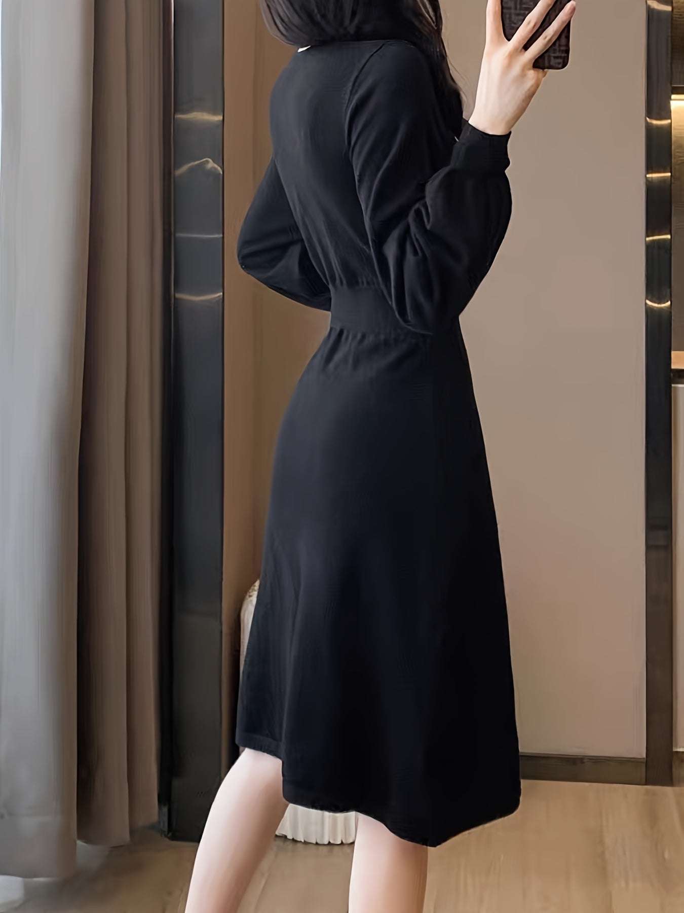 Antmvs Solid Double Breasted V-neck Dress, Elegant Long Sleeve Dress For Spring & Fall, Women's Clothing