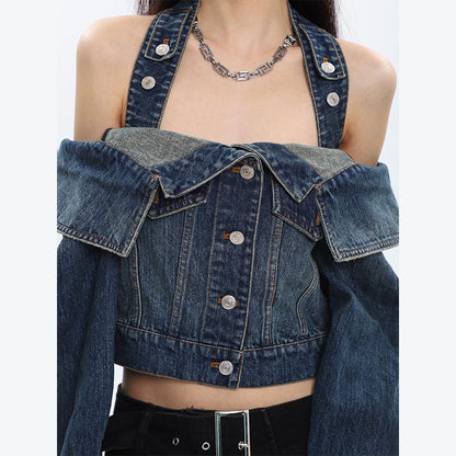 Antmvs Seanna Denim Blue Spice Neck Off-the-Shoulder Halter Loose Cropped Jacket Top