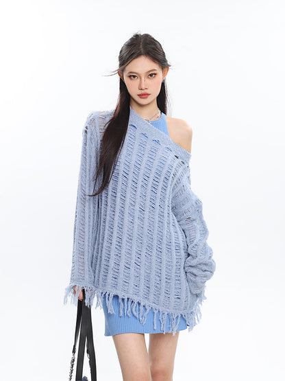 Antmvs Christine Solid Color Knitted Distressed Turtleneck Cutout Long Sleeve Sweater Top