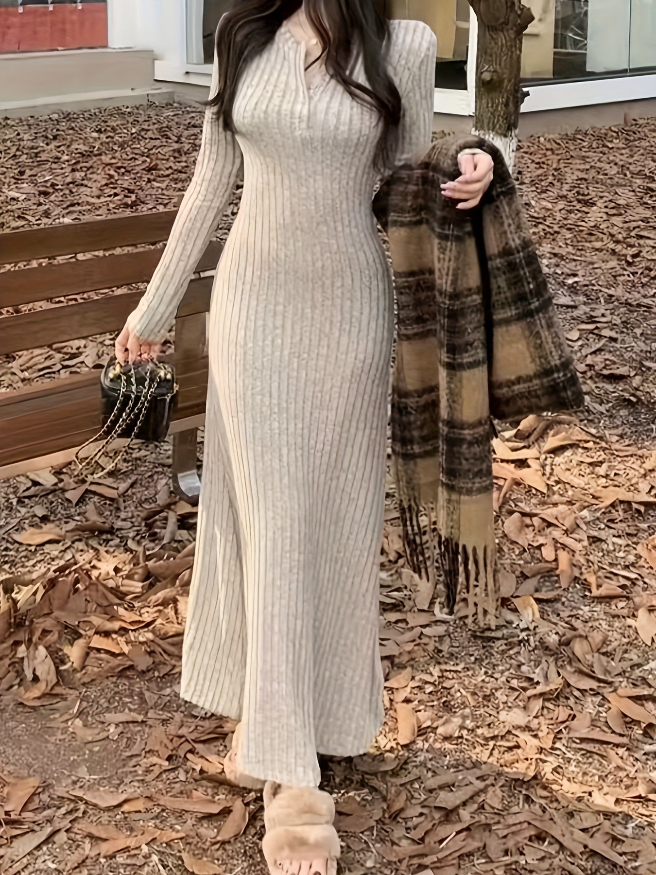 Antmvs Ribbed V Neck Dress, Casual Long Sleeve Dress For Fall & Winter, Women's Clothing