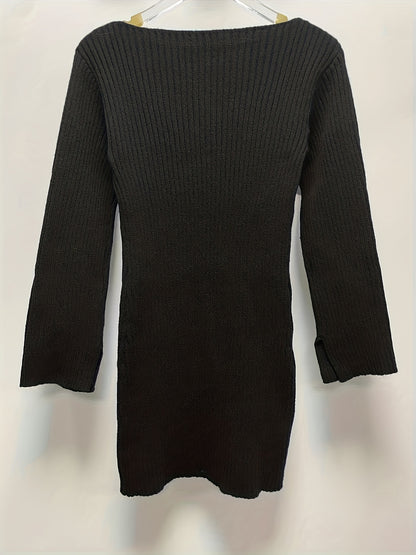 Antmvs Solid Boat Neck Sweater Dress, Elegant Long Sleeve Bodycon Knitted Dress, Women's Clothing