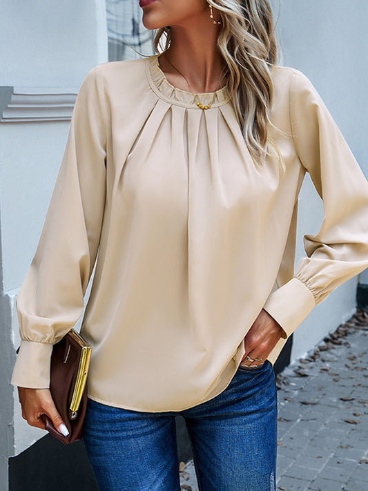 Antmvs Split-Joint Solid Color Pleated Puff Sleeves Loose Round-Neck Blouses