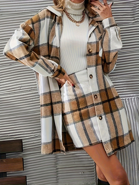 Antmvs Plaid Print Casual Two-piece Set, Button Front Long Sleeve Shirt & Bag Hip Skirts Outfits, Women's Clothing