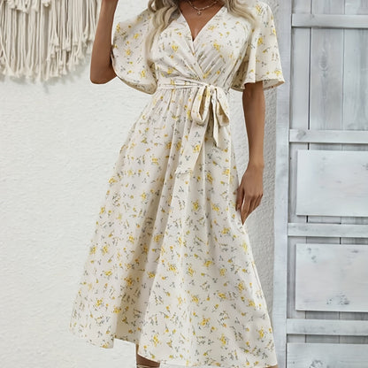 Antmvs Flutter Sleeve V Neck Belted Dress, Floral Print Short Sleeve Vacation Casual Dress For Summer & Spring, Women's Clothing