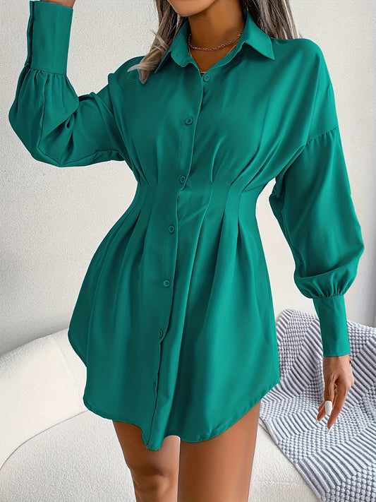 Antmvs Long Sleeve Mini Shirt Dress, Button Up Casual Dress For Fall & Spring, Women's Clothing