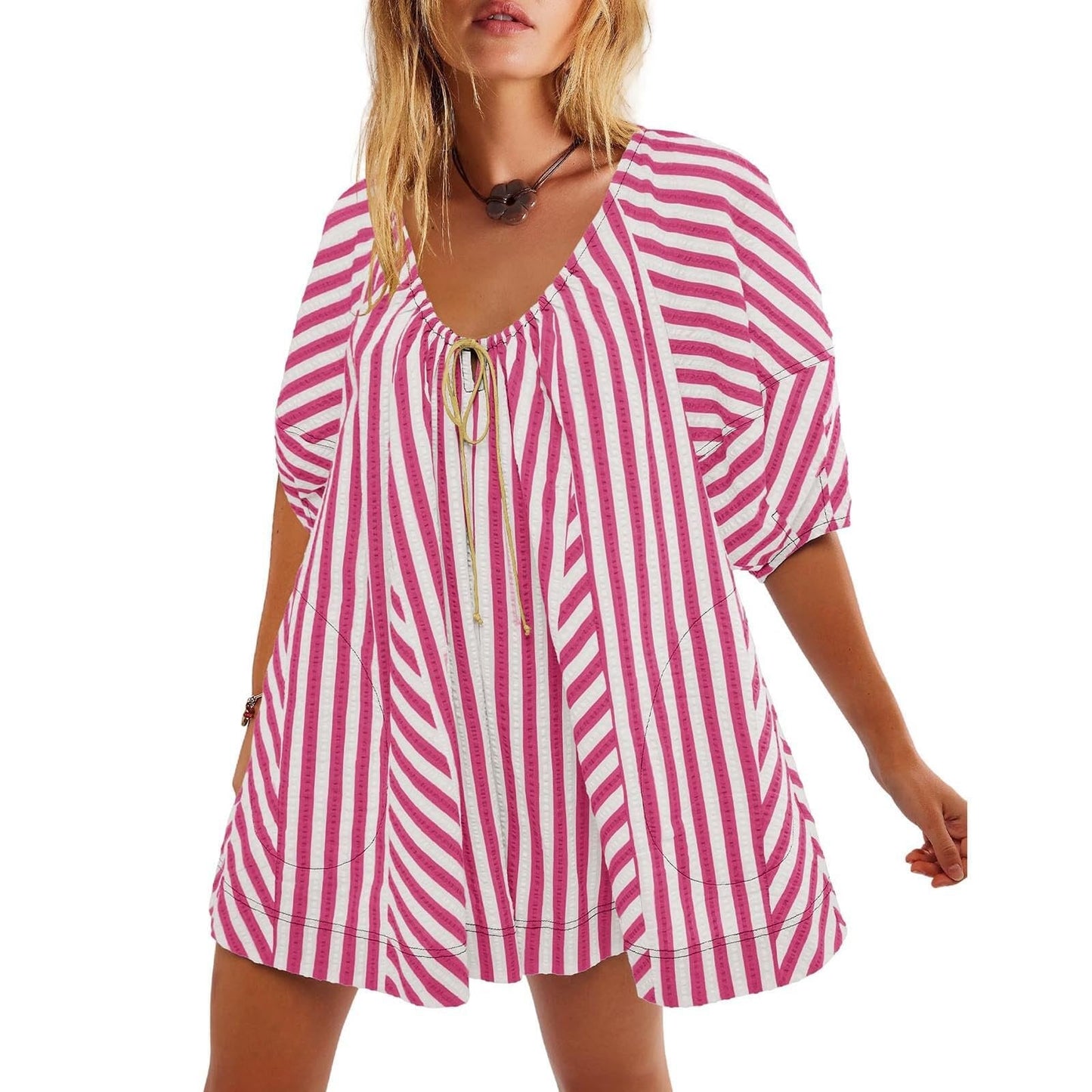 Antmvs -  Womens Striped Romper Casual Loose Puff Sleeve Wide Leg Jumpsuit Overall with Pockets