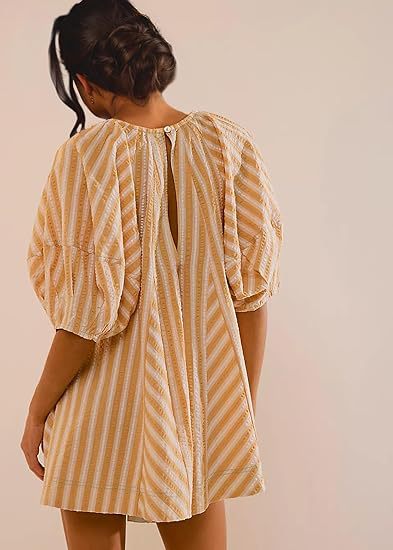 Antmvs -  Womens Striped Romper Casual Loose Puff Sleeve Wide Leg Jumpsuit Overall with Pockets