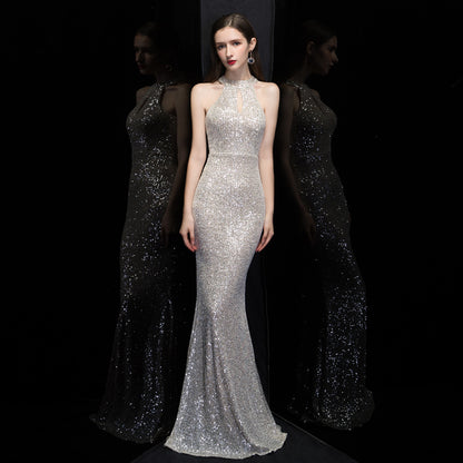 2025 Neck sequined evening dress  hollow new temperament host elegant slim and thin model catwalk fishtail skirt