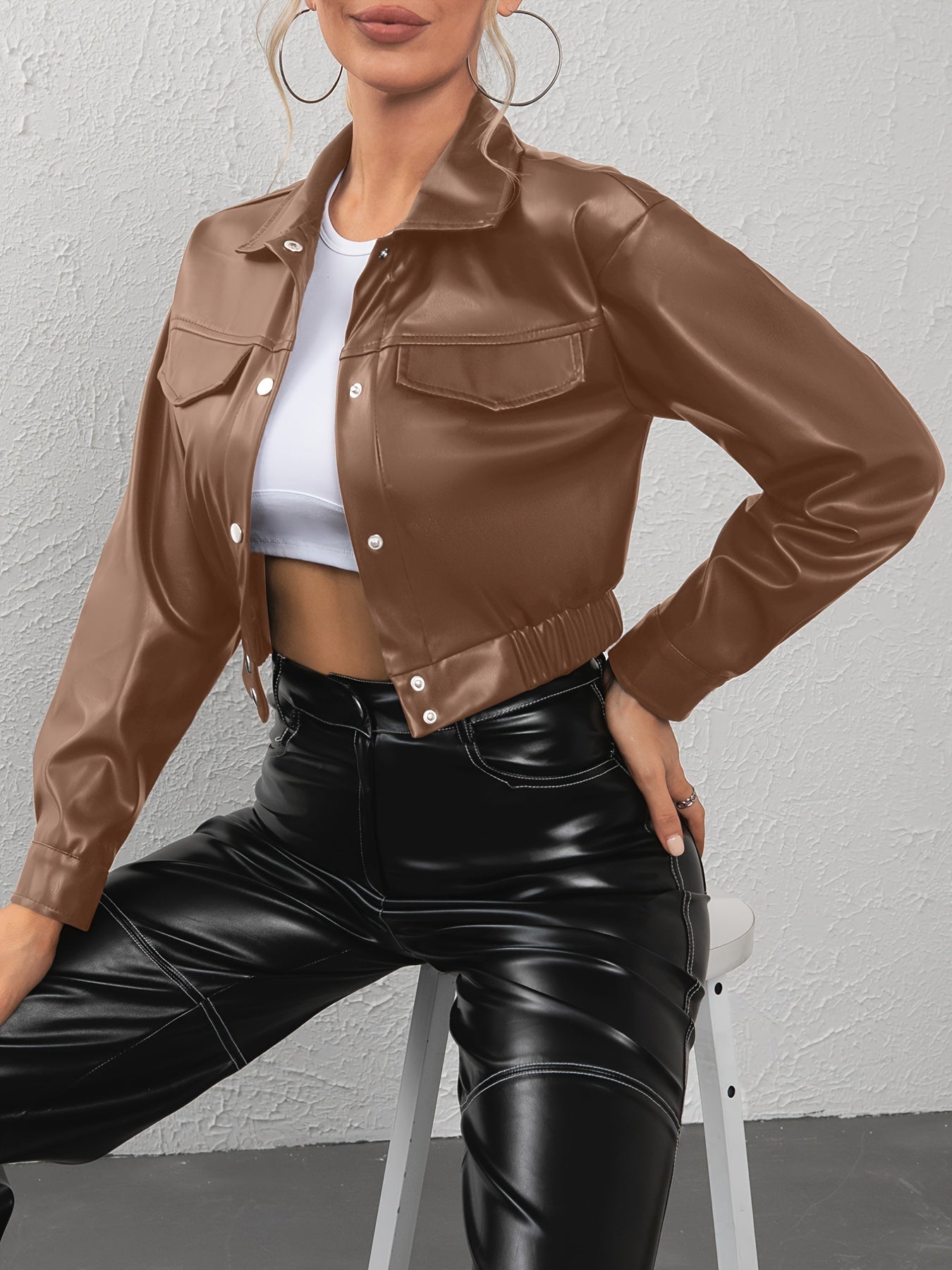 Antmvs Solid Turn Down Collar Faux Leather Crop Jacket, Casual Button Up Long Sleeve Outerwear, Women's Clothing