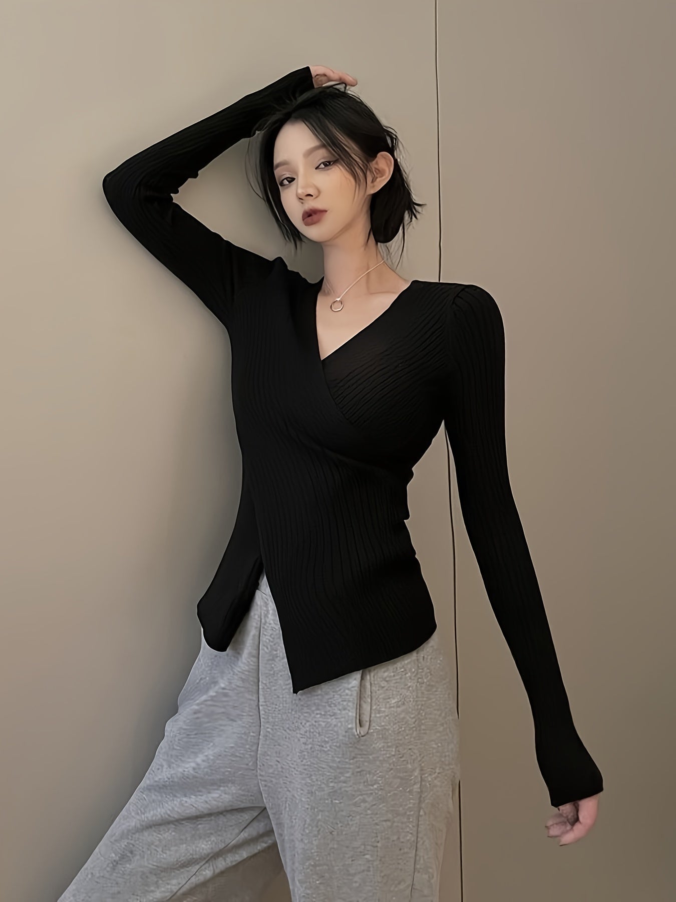 Antmvs Solid Cross Front Knitted Top, Casual Long Sleeve V Neck Slim Sweater, Women's Clothing