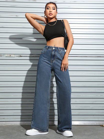 Antmvs Blue Slant Pockets Straight Jeans, Loose Fit Non-Stretch Casual Wide Legs Jeans, Women's Denim Jeans & Clothing