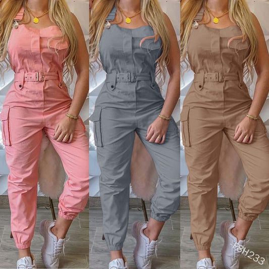 Antmvs HOT and NEW Cross Border wish Women Workwear Jumpsuit Belt Sleeveless Suspender Pants Simple Ankle Banded Pants F8h233