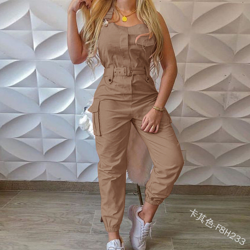 Antmvs HOT and NEW Cross Border wish Women Workwear Jumpsuit Belt Sleeveless Suspender Pants Simple Ankle Banded Pants F8h233