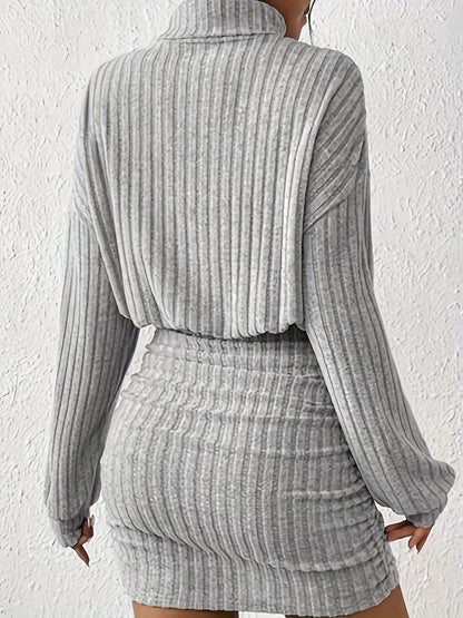 Antmvs Ribbed Knit Long Sleeve Dress, Elegant Turtle Neck Slim Ruched Dress, Women's Clothing