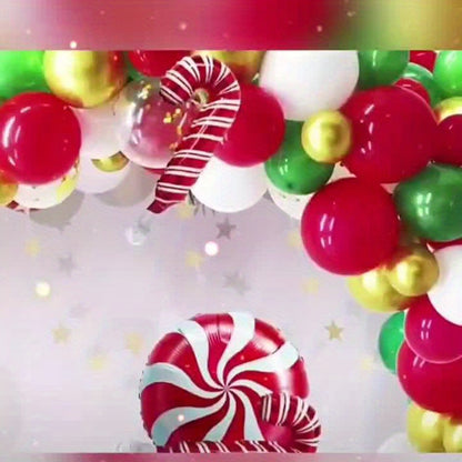 147pcs Ultimate Christmas Balloon Garland Arch Kit with Red & White Balloons, Candy Cane, Gift Box, Red Star Foil Balloons for Indoor & Outdoor Party Decorations