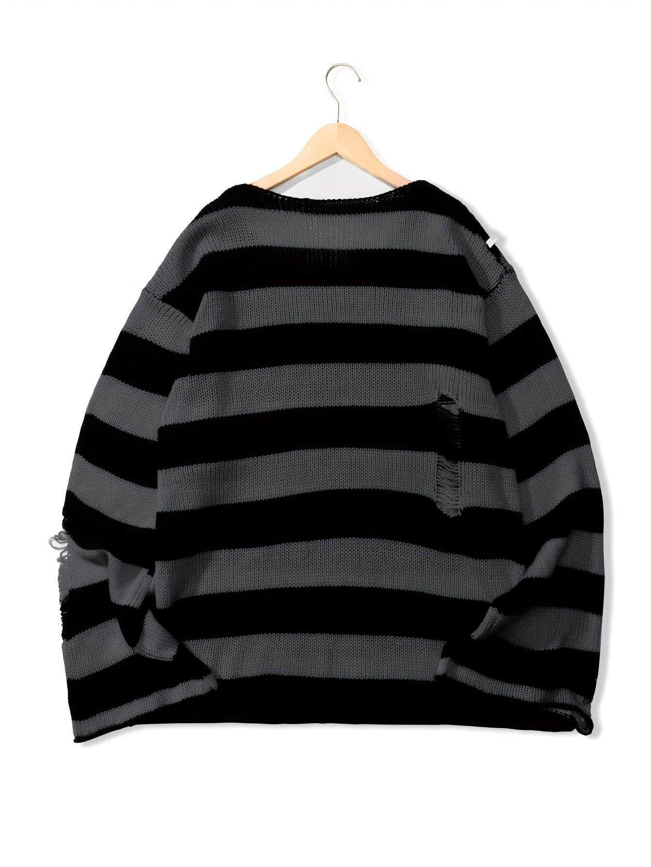 Antmvs All Match Knitted Ripped Striped Sweater, Men's Casual Warm Slightly Stretch Crew Neck Pullover Sweater For Fall Winter