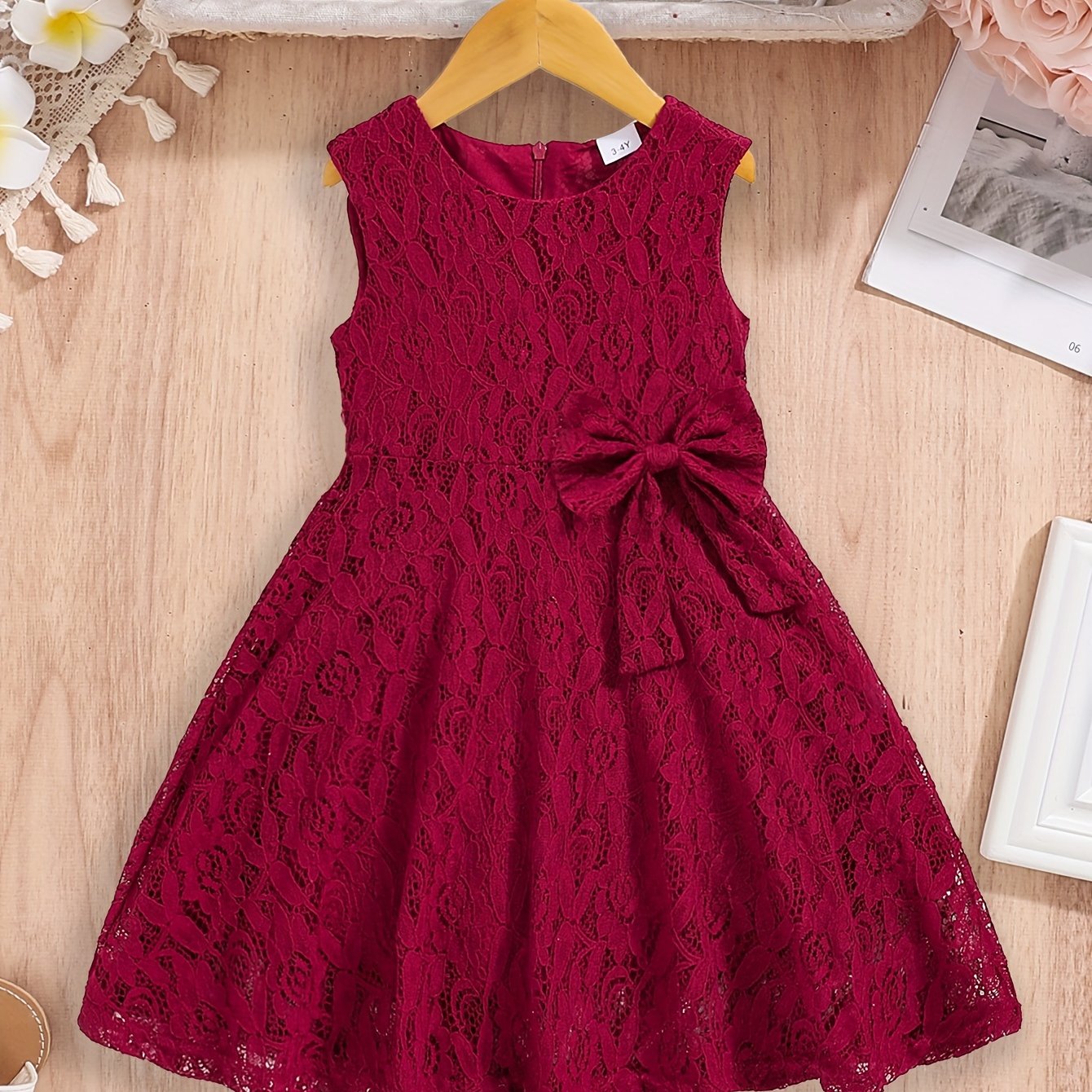 3-10 Years Old Girls Lovely Sleeveless Fit and Flare Lace Party Dress with Bowknot Front - Knee High, Non-Stretch, Solid Color, Casual Style for Summer