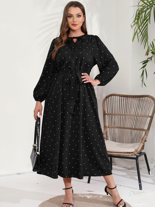 Antmvs Plus Size Casual Dress, Women's Plus Polka Dot Print Long Sleeve Round Neck Slight Stretch Maxi Keyhole Tie Dress With Belt