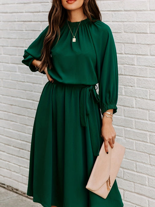 Antmvs Long Sleeve Tie Waist Midi Dress, Solid Casual Dress For Spring & Fall, Women's Clothing