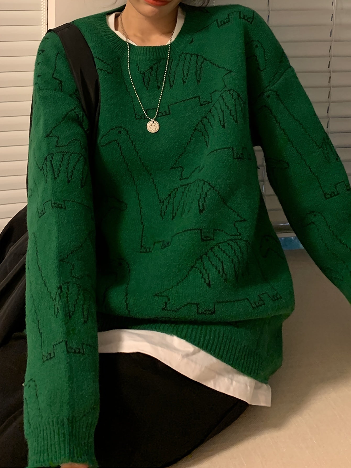 Antmvs Dinosaur Pattern Crew Neck Sweater, Y2K Long Sleeve Drop Shoulder Sweater, Women's Clothing