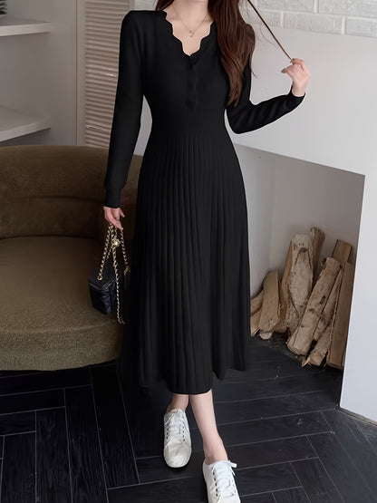 Antmvs Ribbed Solid Sweater Dress, Casual V Neck Long Sleeve Midi Dress, Women's Clothing