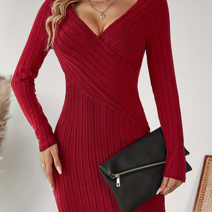 Antmvs Solid Ribbed Bodycon Dress, Party Wear V Neck Long Sleeve Dress, Women's Clothing