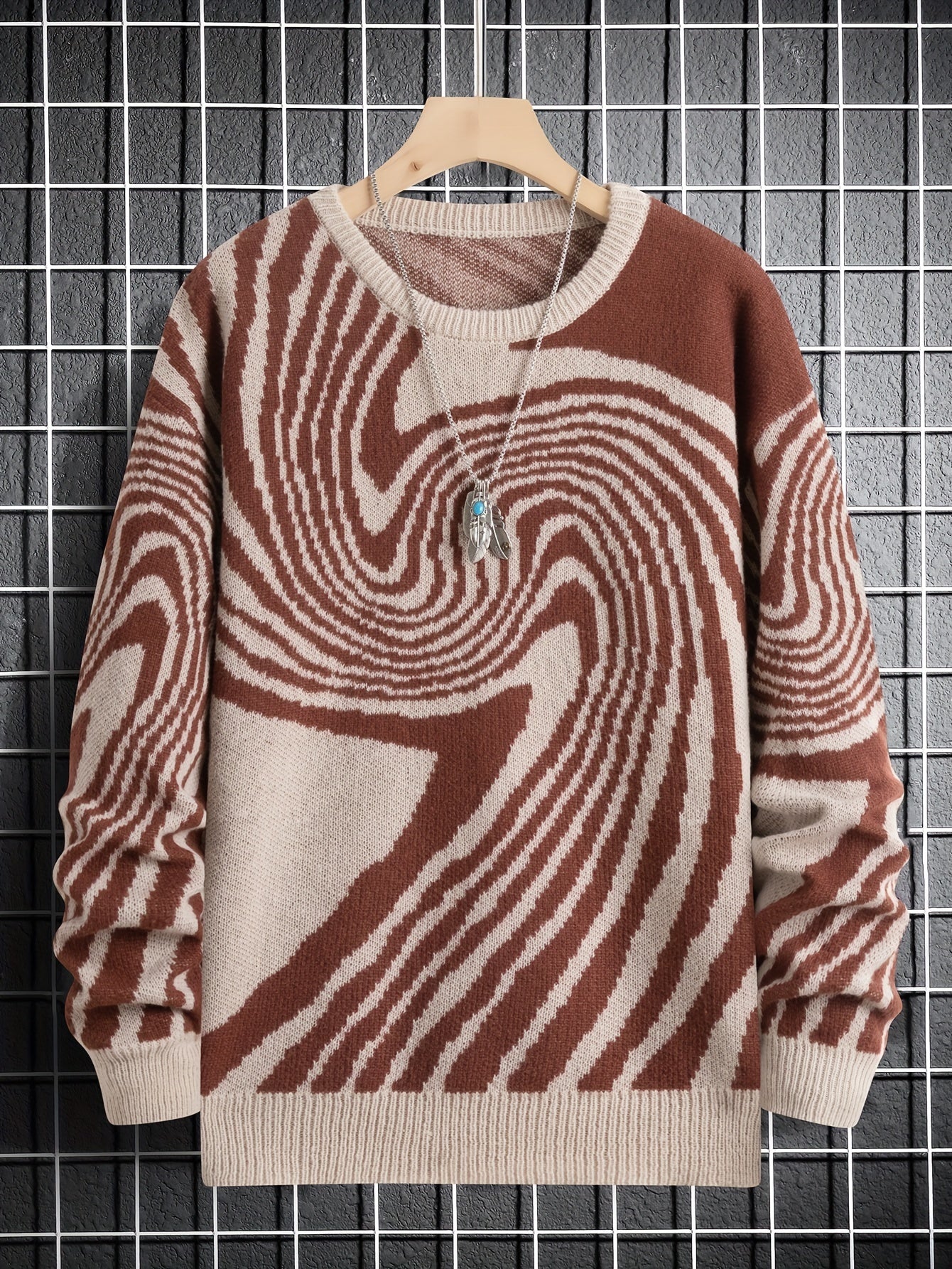 Antmvs Men's Fashion Abstract Graphic Knitted Sweater, Casual Slightly Stretch Breathable Long Sleeve Top For Outdoor Fall Winter